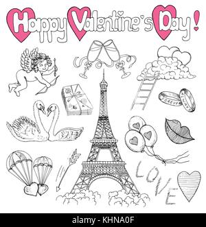 Giorno di San Valentino con le icone del doodle dell'amore Illustrazione Vettoriale