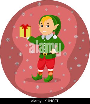 Vector Cartoon carino elf natale con confezione regalo Illustrazione Vettoriale