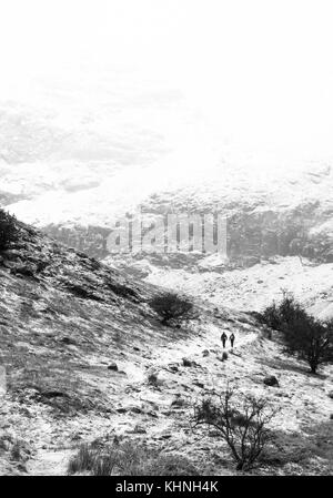 Una foto in bianco e nero di un giovane salendo una coperta di neve montagna seguendo una via passato poco alberi. Girato con il vecchio uomo di Contiston in Cumbria. Foto Stock