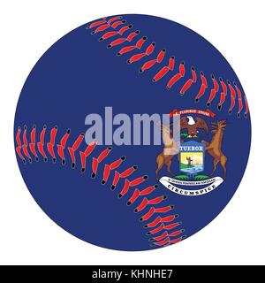 Un nuovo white baseball con impunture rosse con il Michigan State flag overlay isolato su bianco Illustrazione Vettoriale