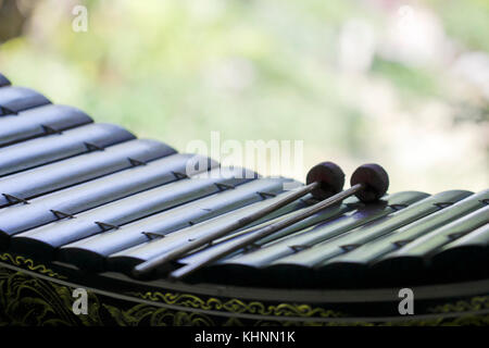 Il close up xilofono e due mazze su sfondo verde Foto Stock