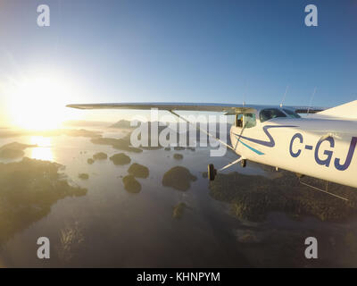 Tofino, isola di Vancouver, British Columbia, Canada - 29 giugno 2017 - piccolo Cessna 172 aerei di volare intorno alla città sulla costa del Pacifico durante una luminosa Foto Stock