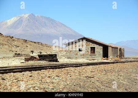Statuion e rusty linea ferroviaria nel deserto vicino a uyuni in Bolivia Foto Stock