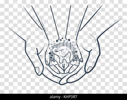 Concetto di protezione, prendersi cura di un bambino a forma di mano di un adulto in possesso di un bambino è la mano e un animo infantile e fantasia. Icona, silhouette in Illustrazione Vettoriale