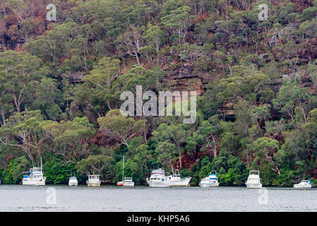 Barche ormeggiate in una tranquilla zona fluviale a nord di Sydney con un fondale di una scogliera di arenaria e gomma di alberi. Foto Stock