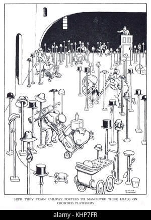 Railway Porter training, manovrare carichi su piattaforme affollate, Cartoon di William Heath Robinson Foto Stock