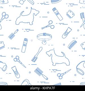 Modello con il cane, pettini, collare, guinzaglio, rasoio, asciugacapelli, ciotola, forbici. health care, toelettatura, prendersi cura di un cane, mostra. Illustrazione Vettoriale