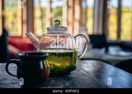 Fresh ortica e menta a base di erbe medicina di infuso di tè in autentica atmosfera di casa sullo sfondo Foto Stock