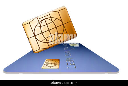 Un chip di sicurezza EMV è visto da vicino in un'illustrazione 3-d sulle carte di credito e di debito. Foto Stock