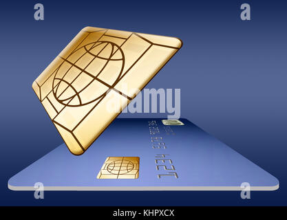 Un chip di sicurezza EMV è visto da vicino in un'illustrazione 3-d sulle carte di credito e di debito. Foto Stock