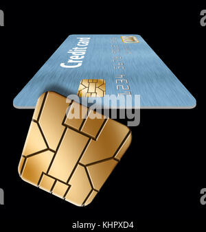 Un chip di sicurezza EMV è visto da vicino in un'illustrazione 3-d sulle carte di credito e di debito. Foto Stock