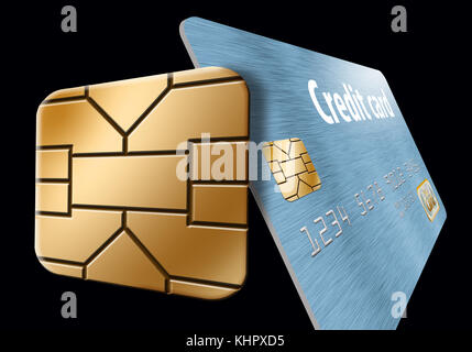 Un chip di sicurezza EMV è visto da vicino in un'illustrazione 3-d sulle carte di credito e di debito. Foto Stock