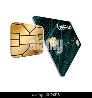 Un chip di sicurezza EMV è visto da vicino in un'illustrazione 3-d sulle carte di credito e di debito. Foto Stock