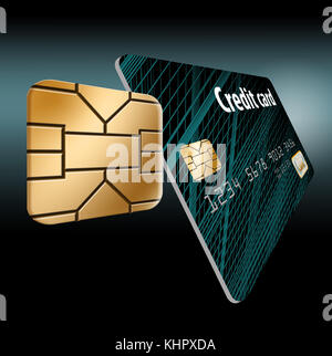 Un chip di sicurezza EMV è visto da vicino in un'illustrazione 3-d sulle carte di credito e di debito. Foto Stock