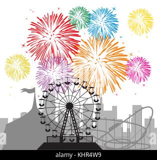 Fuochi d'artificio del vettore e i contorni di una città e un parco di divertimenti con circus, ruota panoramica Ferris e ottovolante Illustrazione Vettoriale
