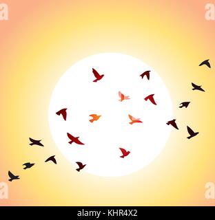 Vector stormo di uccelli in volo e il sole luminoso Illustrazione Vettoriale