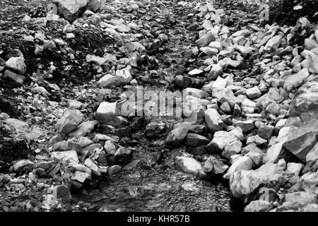 Un piccolo ruscello rivestita dal grosso masso che scorre pacificamente in bianco e nero. Foto Stock