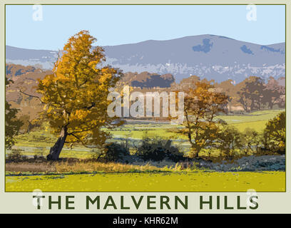 Autunno sopra il vecchio colline guardando verso il Malvern Hills, nello stile di un poster, Worcestershire, England, Regno Unito Foto Stock