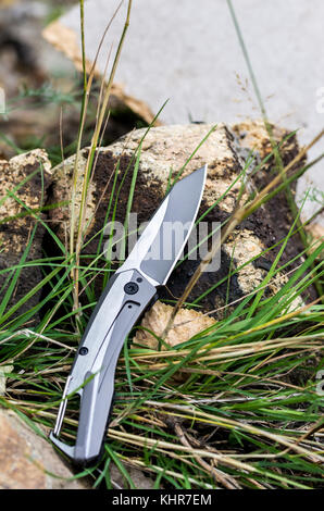 Coltellino tascabile con una carabina. Foto del coltello in natura. Colpo verticale. Foto Stock