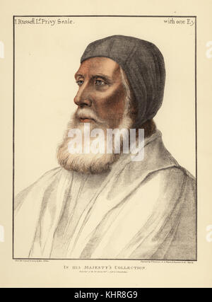 John Russell, primo Earl of Bedford, signore Privy Seal e Lord Alto Ammiraglio (1485-1555). Handcolored incisione su rame da Francesco Bartolozzi dopo Hans Holbein da facsimili di disegni originali di Hans Holbein, Hamilton, Adams, Londra, 1884. Foto Stock