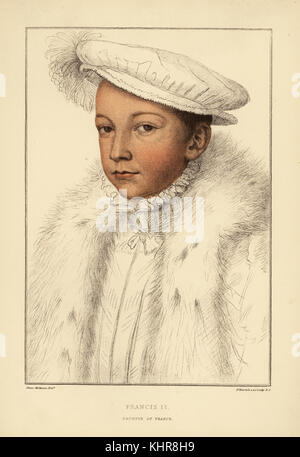 Re Francesco II di Francia come dauphin, re consorte di Scozia, 1544-1560. Handcolored incisione su rame da Francesco Bartolozzi dopo Hans Holbein da facsimili di disegni originali di Hans Holbein, Hamilton, Adams, Londra, 1884. Foto Stock