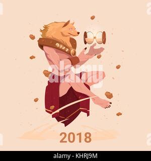 Uomo che indossa la maschera del cane in Cina tradizionale vestiti tenere sabbia guarda il capodanno cinese 2018 banner Illustrazione Vettoriale