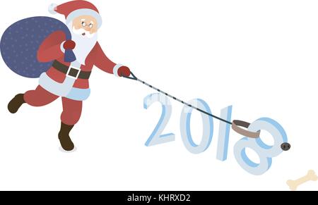 Santa Claus giocando con il cane. santa con cane pawing isolato. santa dà un osso per il suo pet. cane come un simbolo del nuovo anno 2018. Illustrazione Vettoriale