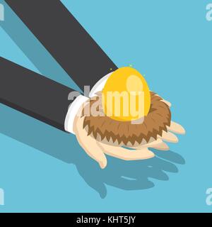 Appartamento 3D isometrica businessman holding nido con Golden Egg. investimento finanziario e concetto. Illustrazione Vettoriale