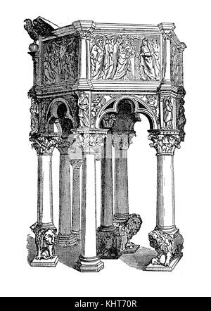 Pulpito decorato e intagliato nel battistero pisano costruito nel XI secolo in architettura romanica pisana , illustrazione d'epoca Foto Stock