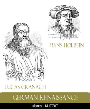 Famosi artisti del Rinascimento tedesco, Lucas Cranach e Hans Holbein, incidono ritratti Foto Stock