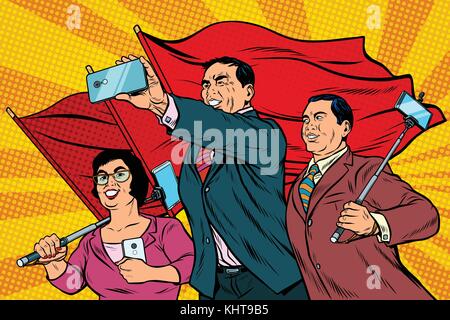 Gli imprenditori cinesi con gli smartphone e i flag, poster realismo socialista. arte pop retrò illustrazione vettoriale Illustrazione Vettoriale