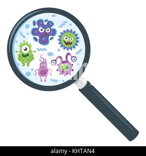 Vettore stile fumetto illustrazione di colorati batteri divertenti personaggi attraverso la lente di ingrandimento i buoni e cattivi flora microbi. isolato su bianco backg Illustrazione Vettoriale