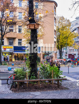 Berlin Schöneberg. Birdie Hotel, Bird Nesting scatole in un albero su una strada di città, un uccello-friendly city Foto Stock