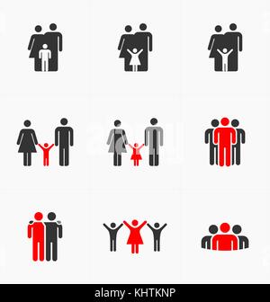 Persone set di icone su sfondo bianco, silhouette vettore. business e familiari. Illustrazione Vettoriale