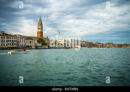 Flying Gabbiani sull'acqua e numerose barche davanti a lui il Campanile di San Marco a Venezia Foto Stock