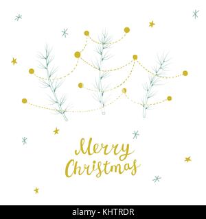 Scheda di natale con la mano annegare albero di Natale decorato rami e scritte Illustrazione Vettoriale