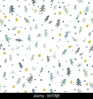 Seamless pattern di natale con alberi di conifere, stelle e fiocchi di neve Illustrazione Vettoriale