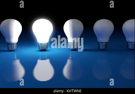 Idea creativa e business del concetto di soluzione con una luce brillante lampadina in una fila 3d'illustrazione. Foto Stock