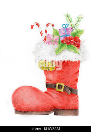 Acquarello e matita colorata illustrazione a mano su red santa di boot con decorazione, concetto di natale. Foto Stock