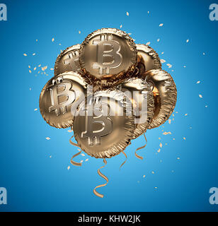 Shiny golden Bitcoin palloncini sagomati con coriandoli. Bitcoin celebrando la crescita. Il rendering 3D Foto Stock