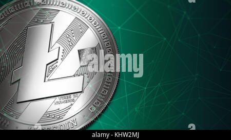 Macro shot di Litecoin (LTC) e spazio di copia sulla destra dove è possibile posizionare il testo o il grafico. Perfetto per la stampa. Rendering 3D. Foto Stock