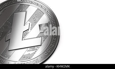 Macro shot di Litecoin (LTC) e spazio di copia sulla destra dove è possibile posizionare il testo o il grafico. Isolato su bianco. Rendering 3D. Foto Stock
