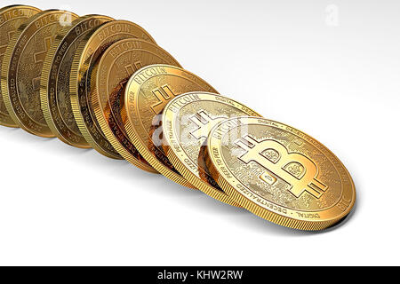 Fila di bitcoins crollando come effetto domino. Bitcoin incerta posizione sul concetto di mercato. Il rendering 3D Foto Stock