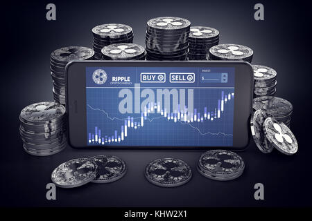 Smartphone con grafico di trading Ripple sullo schermo tra pile di monete Ripple argentate. Concetto di scambio di monete ripple. Rendering 3D. Foto Stock