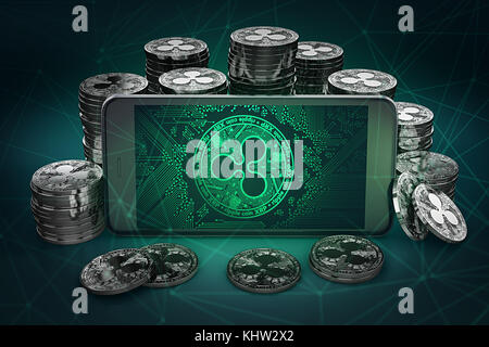 Ripple simbolo moneta sullo schermo tra pile di monete di ripple. Il rendering 3D Foto Stock