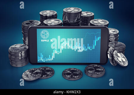 Smartphone con grafico di crescita di Ripple sullo schermo tra pile di monete Ripple. Concetto di crescita ripple. Rendering 3D. Foto Stock