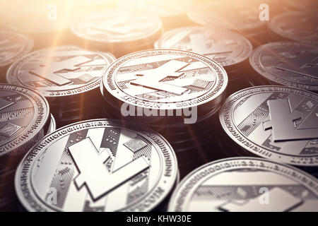 Pile di monete Litecoin (LTC) in primo piano sfocato. Nuovo cryptocurrency e banking moderno concetto. Il rendering 3D. Foto Stock