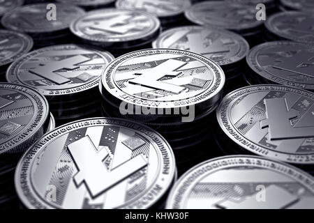 Litecoin Coins (LTC) in primo piano sfocato. Nuova criptovaluta e moderno concetto bancario. Rendering 3D. Foto Stock