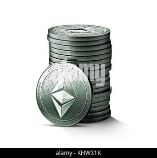 Pila o catasta di argento Ethereum classic (ETC) monete isolati su sfondo bianco. Una moneta è rivolto verso la telecamera. 3D Rendering (new virtual mo Foto Stock