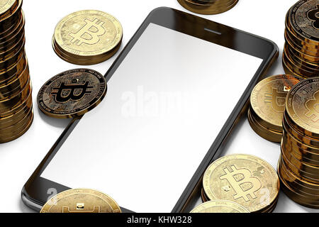 Il display dello smartphone con spazio per il design casuale circondato da Bitcoin pali. Isolato su bianco con copyspace. Il rendering 3D Foto Stock